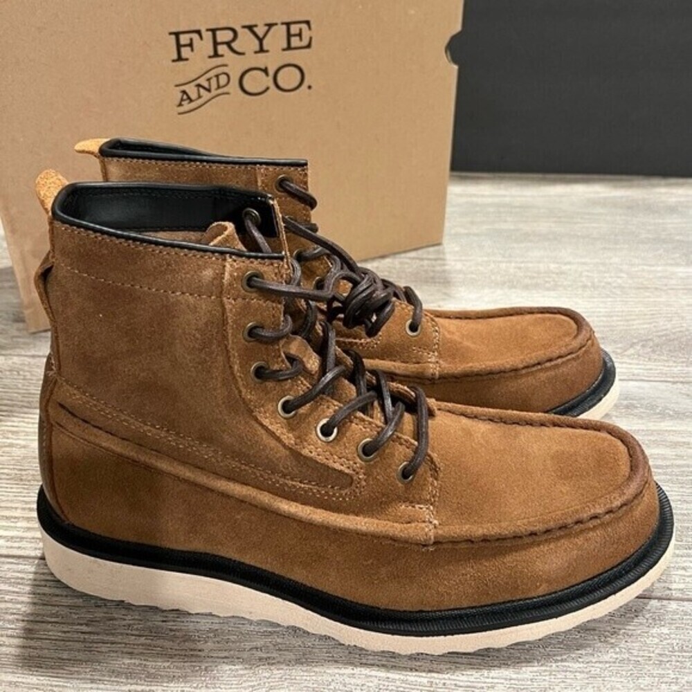 NWT Frye and Co Montana Waxed Suede Moc Toe Wedge Boots 9.5 M Tan Brown - Picture 9 of 11